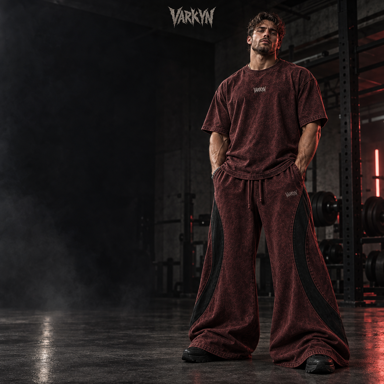 VARKYN Blood Signal oxblood tee and wide cotton pants campaign concept